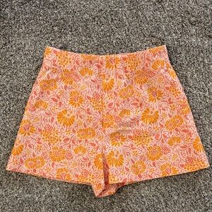 Zara High Waist Floral Orange Shorts